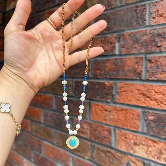 Medallion Turquoise 18K Gold Stainless Steel Waterproof Necklace - Picture 8 of 10